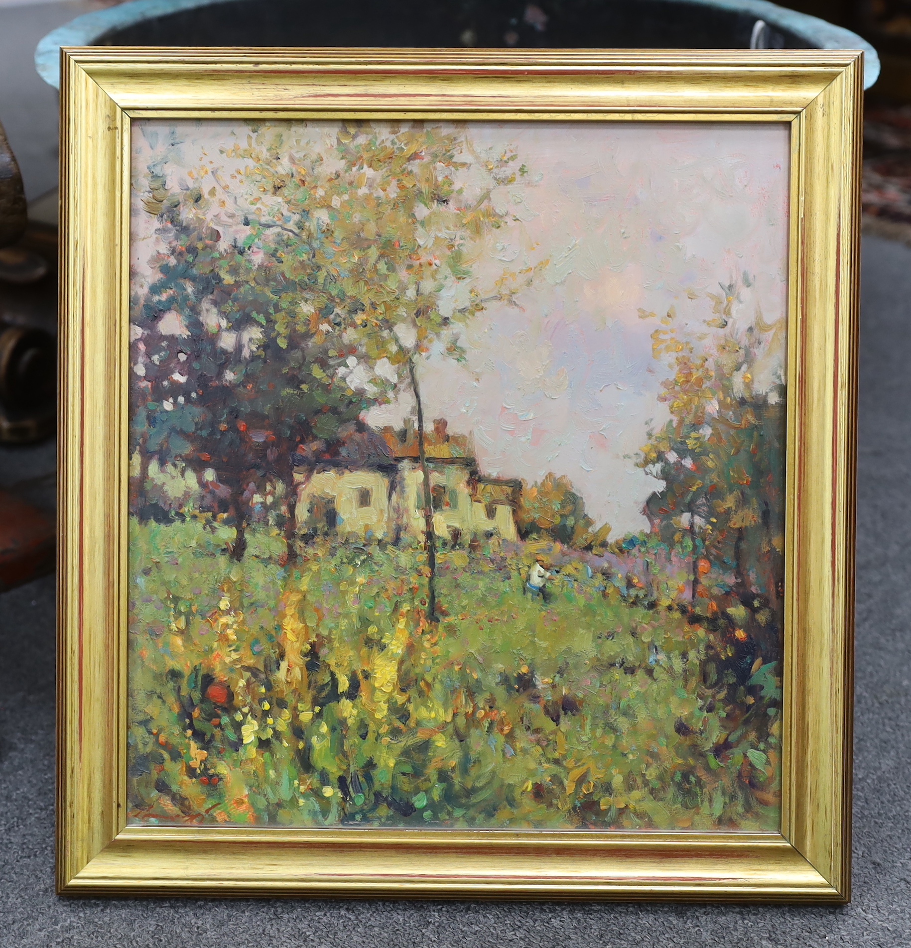 Impressionist oil on board, Landscape with cottage, indistinctly signed lower left, 34 x 32cm